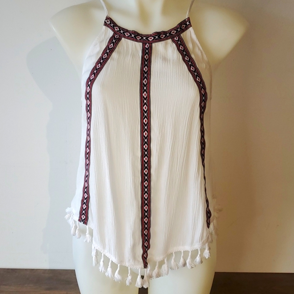 Coachella Collab Gypsy Boho Tank with white tassels & pearl buttons